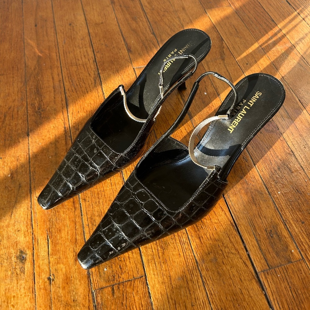 Saint Laurent Croc-Embossed Black Slingback Heels